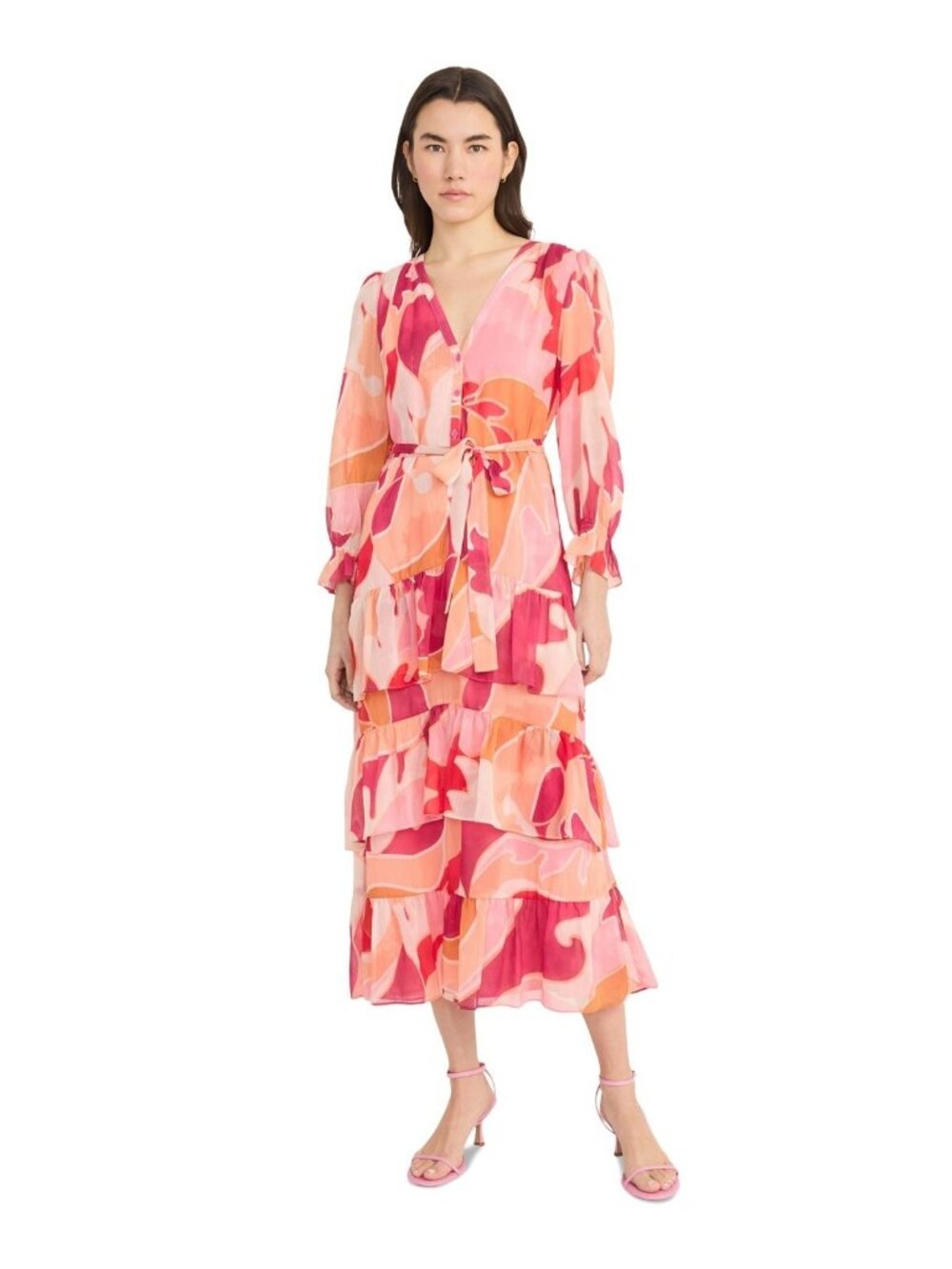 Donna Morgan Women V-neck Floral-Print Belted Tiered Shirtdress Pink Size 8 $148